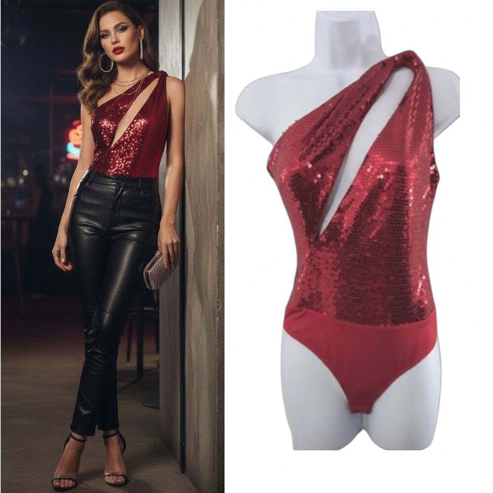 Lovers + Friends Revolve Red Sequin Moulin Bodysuit One Shoulder Cutout XS